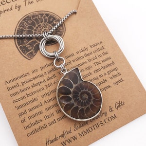 Ammonite Pendant Necklace-Handmade Chainmail Infinity Love Knot-Golden Ratio in Nature-Nautilus Fossil Pendant- Unique Science Gifts-OOAK