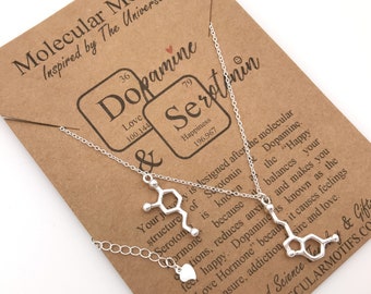 Love & Happiness,Serotonin and Dopamine Molecule Necklace,Science Gift,Anniversary Gift,Handmade,Sterling Silver
