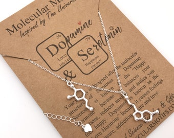 Sterling Silver Serotonin & Dopamine Molecule Necklace-Science Gift-Anniversary Gift-Handmade Sterling Silver-Christmas Gift-