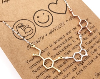 Könnte beinhalten: Eine silberne Halskette mit einem goldenen und roségoldenen Anhänger in Form einer Molekülstruktur. Die Halskette wird mit einer Karte geliefert, auf der "Molekulare Motivation" und "Inspiriert vom Universum" steht und die Worte "Stärke + Glück + Liebe" enthält.