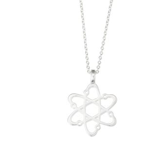 May include: A silver necklace with a delicate atom pendant. The pendant is a simple, open design with a circular center and five orbiting electrons.