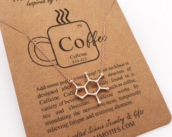 Rose Gold Caffeine Molecule Necklace, Sterling Silver Chain