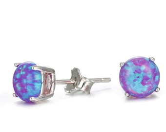 Sterling Silver Purple Fire Opal Earrings 6mm White Opal Prong Set Stud Earrings+Anniversary Gift-October Birthday-Christmas Gift-Handmade