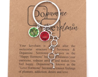 Serotonin& Dopamine Love Molecule Keychain-Custom Birthstone Neurotransmitter Chemistry Science Psychology-Christmas Gift-