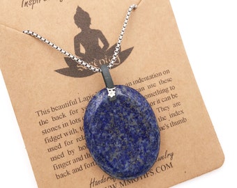 Worry Stone-Thumb Stone-Lapis Lazuli-Unisex Gemstone Sensory Healing Fidget Pendant-American Leather & Sterling Silver Bail-Christmas Gift