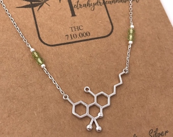 Custom Birthstone Sterling Silver THC Molecule Necklace-Cannabis Medical Marijuana Dispensary Employee Jewelry Gift-Science Gift-Handcrafed