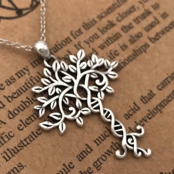 Sterling zilveren DNA-levensboom hanger ketting, wetenschappelijk en biologisch sieraad, unisex