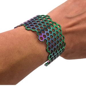 Honeycomb Cuff Bracelet-Rainbow Anodized Steel-Unique Geometric Hexagon Bracelet-Graduation Gifts-Molecular Jewelry Science Gifts