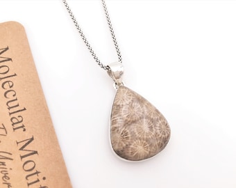 Sterling Silver Natural Coral Fossil Necklace-Fossil Jewelry-Teardrop Pendant-Science Gift-Teacher Gift-Graduation Gift-Christmas Gift-OOAK