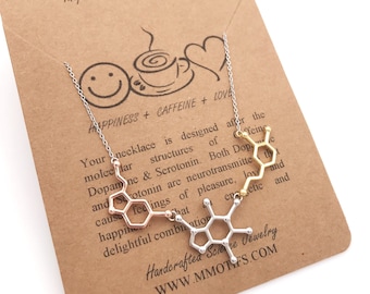 Happy Energy-Sterling Silver-Serotonin, Caffeine & Dopamine  Molecule Necklace-Science Gift-Christmas Gift-Psychology Jewelry-Handcrafted