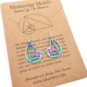 May include: A pair of iridescent earrings with a geometric design inspired by the Golden Ratio. The earrings are handcrafted with sterling silver earwires and feature a rainbow color scheme. The earrings are displayed on a card with the text "Molecular Motifs Inspired by The Universe" and a diagram of the Golden Triangle.