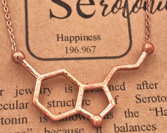 Hammered Serotonin Molecule Necklace-Big Handcrafted Pendant-Psychology Science Gift-Unique Gift-Silver, Rose Gold, Gold Plated-Christmas