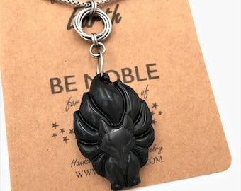 Collier de renard Kinsune en obsidienne arc-en-ciel-Pendentif en pierre précieuse sculptée à 9 queues de renard-Acier inoxydable Noeud infini Bail-Pierre sensorielle-Cadeau de Noël