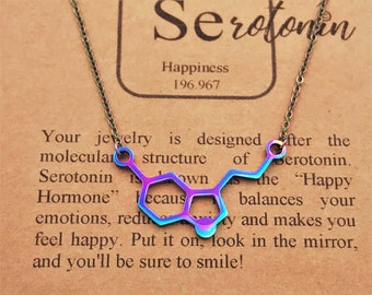 Rainbow Serotonin Molecule Necklace Metallic Finish-Psychology-Science Gift-Unique Gift-Science Jewelry-Happiness Gift-