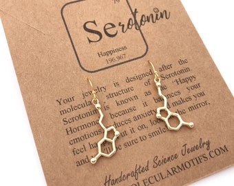 Gold Serotonin Molecule Earrings: Handmade Science Jewelry