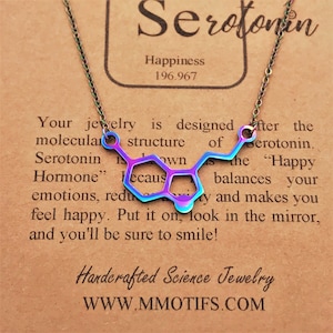 Rainbow Serotonin Molecule Necklace Metallic Finish-Psychology-Science Gift-Unique Gift-Science Jewelry-Happiness Gift-