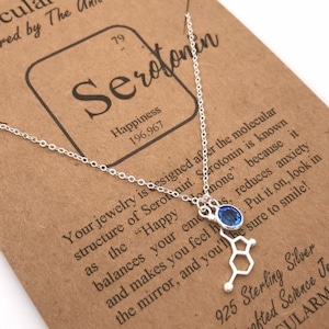 925 Sterling Silver Serotonin Happiness Molecule Custom Birthstone Necklace, Chemistry Psychology Neurology-Christmas Gift-Graduation Gift
