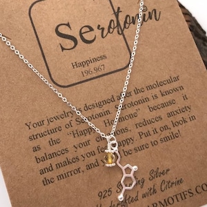 Personalized Birthstone Serotonin Molecule Charm Pendant Necklace in Sterling Silver,Science Gift by Molecular Motifs,Happiness Gift