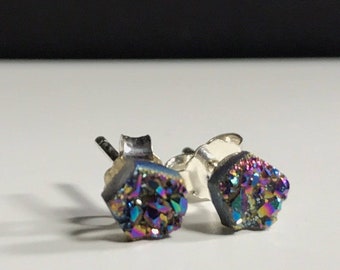 Rainbow Druzy Earring- 925 Sterling Silver Small Stud Earrings-Dainty Stud Earrings-Handcrafted Graduation Gift Science Gift OOAK