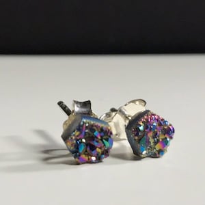 Rainbow Druzy Earring- 925 Sterling Silver Small Stud Earrings-Dainty Stud Earrings-Handcrafted Graduation Gift Science Gift OOAK