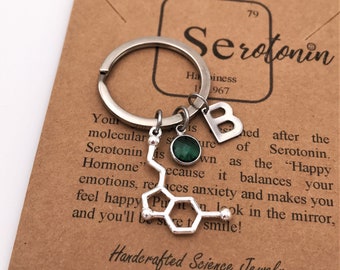 Serotonin Happiness Molecule Keychain- Birthstone Charm-Letter Charm-Chemistry Science Psychology Graduation Gift-Christmas Gift