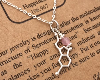 Get Well Soon-Collar de molécula de serotonina de plata de ley con piedra de nacimiento personalizada, regalo de ciencia, regalo de psicología, regalo de cumpleaños