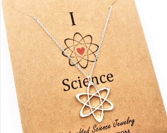 Atom Pendant Necklace: Science Jewelry, Sterling Silver Chain
