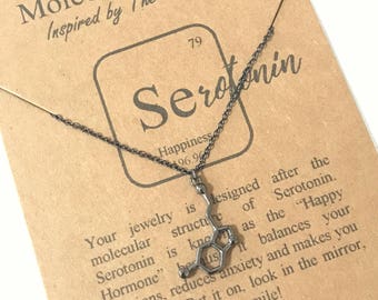 Sterling Silver Oxidized Serotonin Molecule Necklace Pendant-Science-Chemistry-PhD-Doctor-Scientist-Psychology Gift-Graduation Science Gift