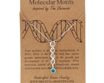 Sterlingzilveren DNA-ketting met dubbele helix, geboortesteenbedel