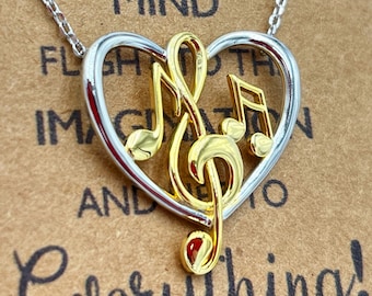 Two-Tone Music Heart Pendant-Music Teacher Graduation Gift-Music Jewelry-Music 8th Note-16th Note-Treble Clef-Christmas Gift-Sterling Silver