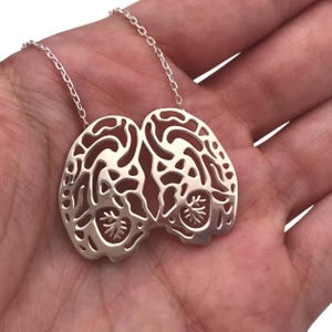 May include: A silver necklace with a detailed cutout design of a brain. The pendant is large and hangs from a delicate chain.