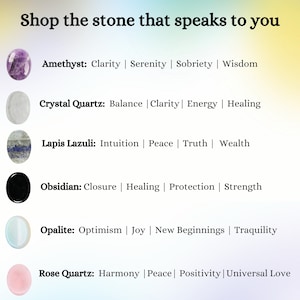 May include: Six different types of stones with their names and associated properties listed below. The stones are amethyst, crystal quartz, lapis lazuli, obsidian, opalite, and rose quartz.
