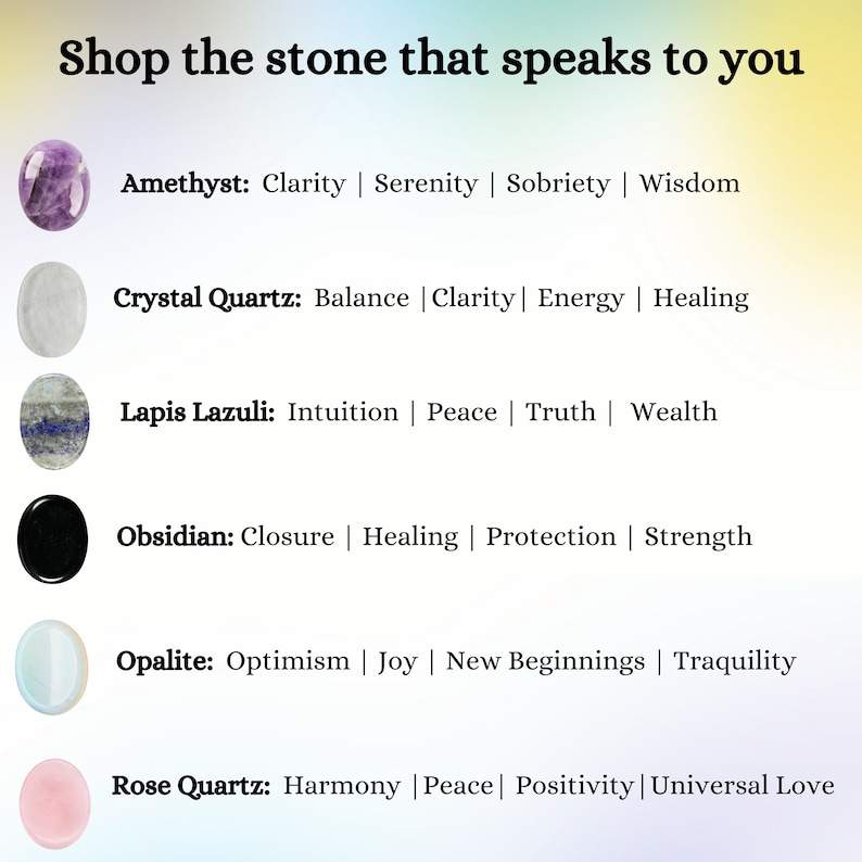 May include: Six different types of stones with their names and associated properties listed below. The stones are amethyst, crystal quartz, lapis lazuli, obsidian, opalite, and rose quartz.