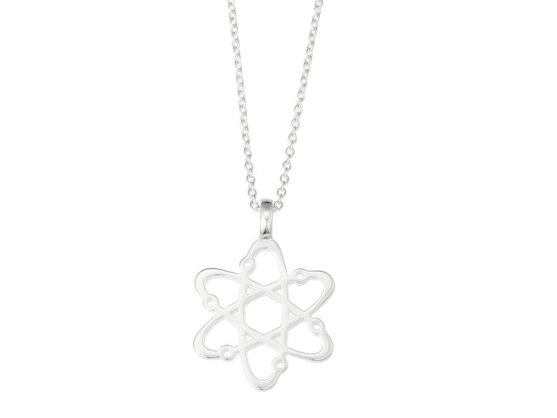 May include: A silver necklace with a delicate atom pendant. The pendant is a simple, open design with a circular center and five orbiting electrons.