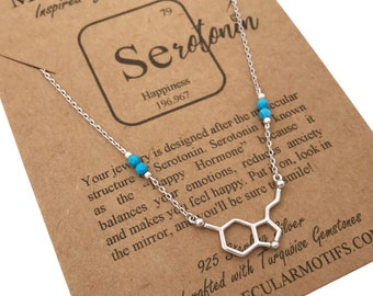 Custom Birthstone Sterling Silver Serotonin Molecule Necklace-Psychology Science Gift-Birthstone Necklace-Graduation Gift-Christmas Gift