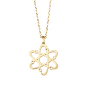 May include: A gold necklace with an atom pendant. The pendant is a delicate, openwork design.