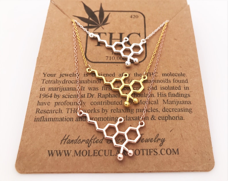 THC Molecule Necklace-18k Rose Gold or Gold Plating-Medical Marijuana Pendant-Cannabis-Weed Molecule Necklace-420 Gift-Christmas Gift-OOAK image 2