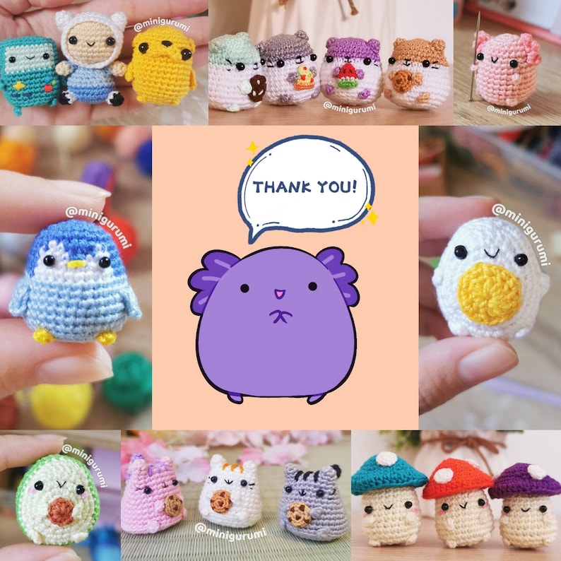 May include: A collection of crocheted amigurumi toys, including a penguin, a purple blob, a yellow egg, a green avocado, a pink cat, a white cat, a grey cat, a green mushroom, a red mushroom, and a purple mushroom. The toys are all handmade and have cute faces. The image also includes the text "THANK YOU!" in a speech bubble.