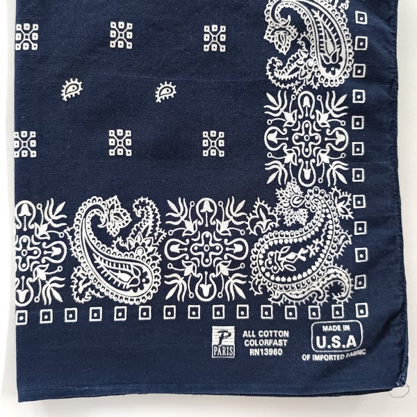 Vintage Blue & White Cotton Paisley Bandana, 19" x 22" inches, Selvage Edge, All Cotton ColorFast,  RN13960, Made in USA, Gift