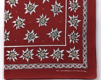 Swiss Edelweiss Red Bandana, 100% Baumwolle, Cotton, Coton, 19.5" x 20" inches, Holiday Gifts