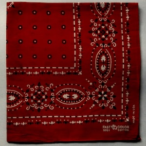 Red Paisley Dot Bandana, 20&quot; x 21&quot; inches, (Ruby)  Vintage 50s 60s Fast Color Elephant Trunk Up, One Selvage Side, 100% Cotton, Made in USA