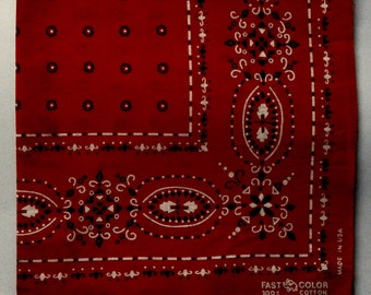 Rotes Paisley Dot Bandana, 50x54 cm, (Ruby) Vintage 50er 60er Fast Color Elephant Rüssel hoch, eine Selvage-Seite, 100% Baumwolle, Made in den USA