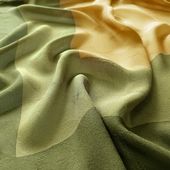 Yves Saint Laurent Vintage Silk Chiffon Scarf, Sheer Silk Muffler, Color Block Green Yellow, YSL Damask Jacquard Monogram 34 inches