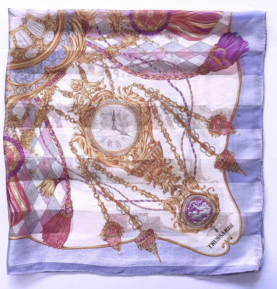 Vintage TRUSSARDI Silk Scarf, Clock Pattern Jacquard (40 inches)