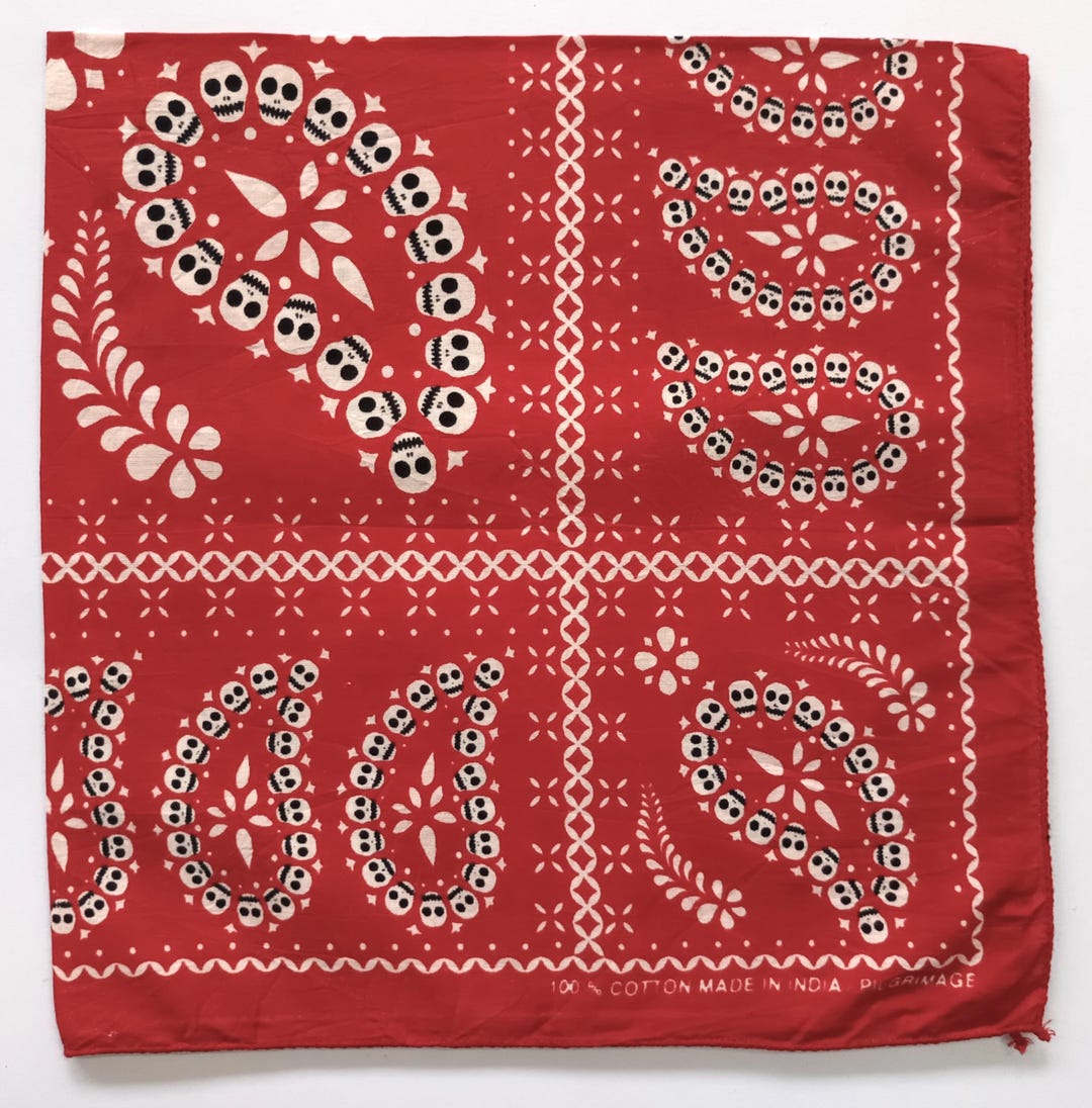 スカルペイズリーレッドバンダナ、19.5インチ×20インチ、ヴィンテージ