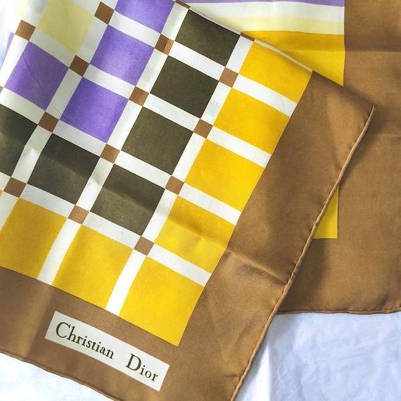 Vintage Christian Dior Silk Scarf, Geometric Plaid, Hand Rolled Edges (21x21 inches)