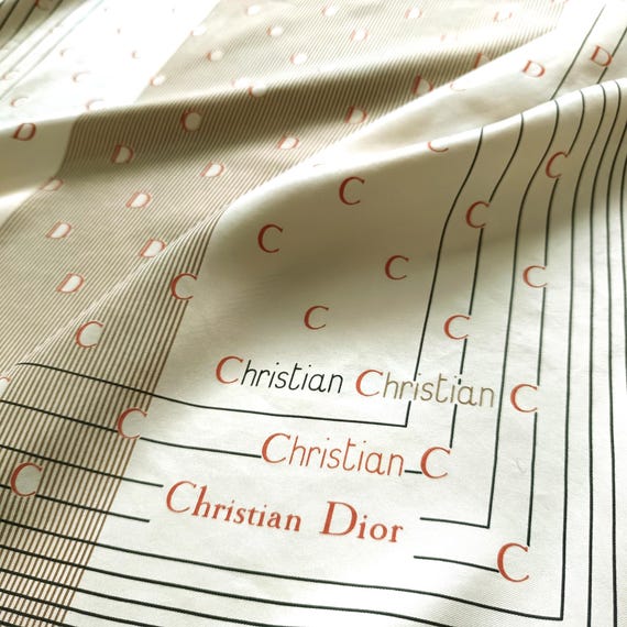 Vintage Christian Dior Silk Scarf, 80s Typographic Design, Monogram CD Initial (31 inches)