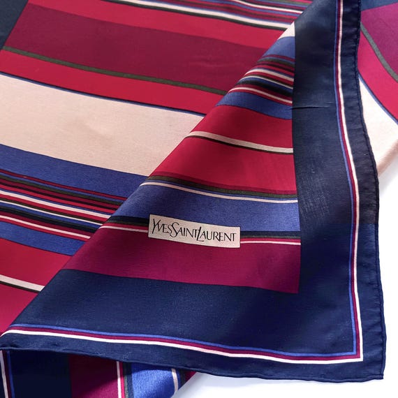 Yves Saint Laurent Vintage Scarf, Stripes, Classic French Preppy Bandana 100% Silk, Gifts (23 inches)