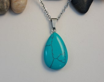 Teardrop Turquoise Blue Howlite Stone Pendant Necklace Bohemian Jewelry
