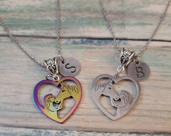 HORSE HEAD HEART Equestrian Monogram Personalized Charm Necklace - Stainless Steel Pendants and Chain - Pick your Letter Charm Jewelry